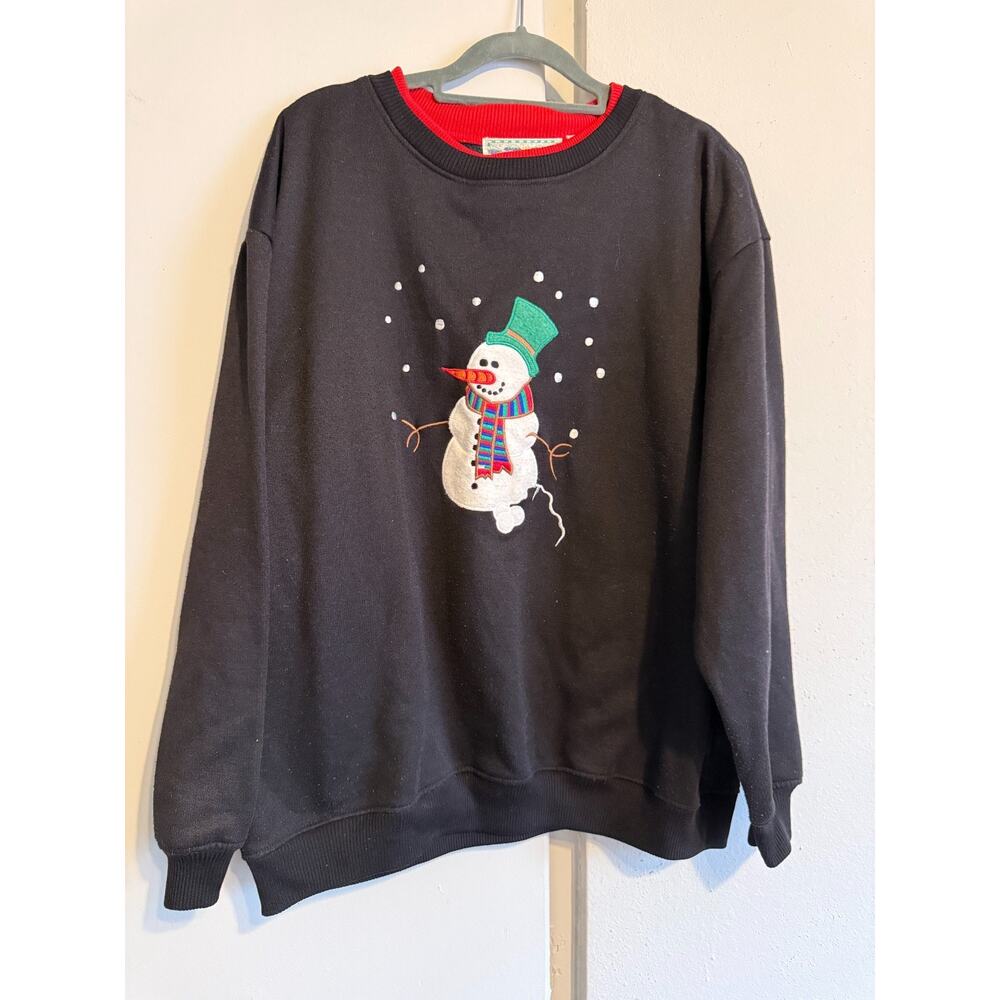 Emerald Isle Christmas Sweater Womens XL Black Red Snowman Embroidered